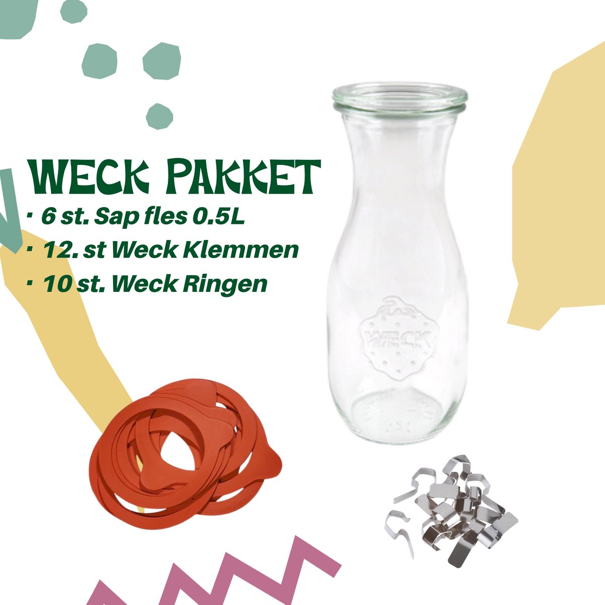 Weckpot set / Weck Sap fles 0,5L/ Weckringen / Inmaakringen/ ø60 / 10st. Ringen / Glas 6st. / Weck pot / Flessen