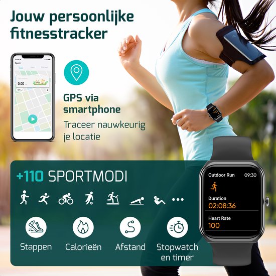 Vrouw rent met smartwatch. Toont GPS-kaart, +110 sportmodi, stappen, calorieën, afstand, stopwatch.