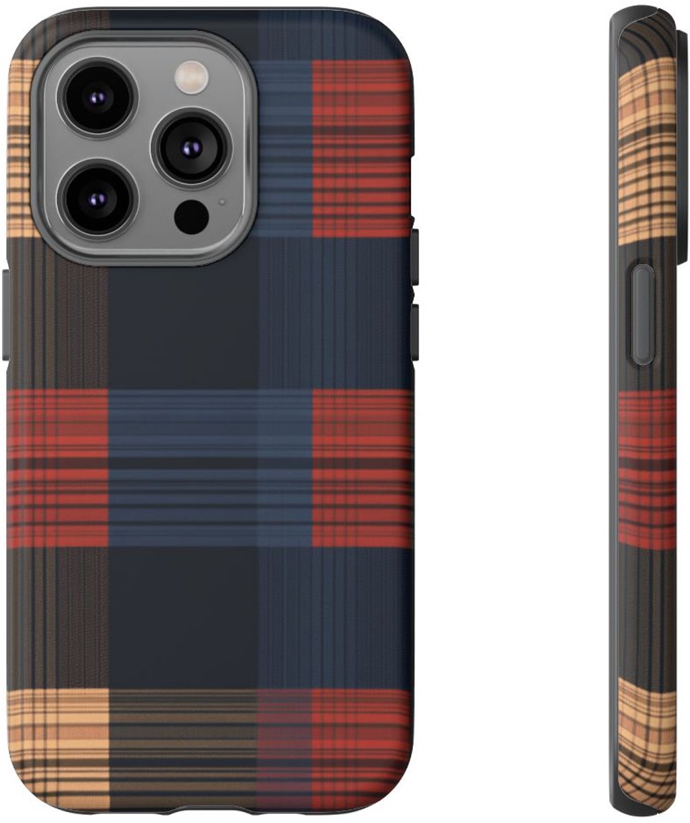Caramel en Donkerblauw Geruit Patroon – Telefoonhoesje Geschikt voor iPhone 14 Pro