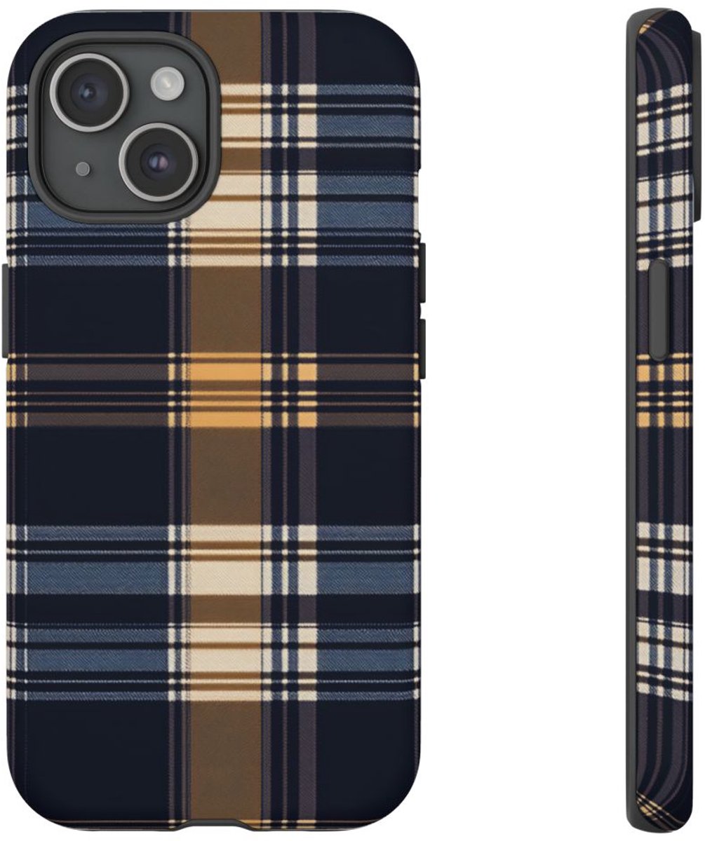 Caramel en Donkerblauw Geruit Patroon – Telefoonhoesje Geschikt voor iPhone 15