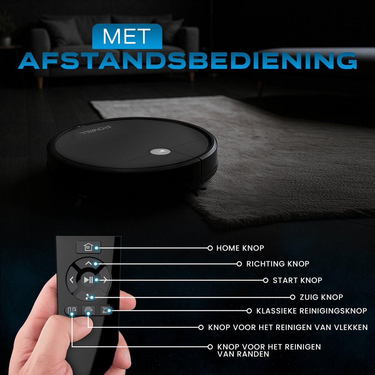 Afbeelding 3 van Powell Robotstofzuiger - Robotstofzuiger met Dweilfunctie - Robotstofzuiger met Laadstation - Robot Stofzuiger - Dweilrobot - Zwart