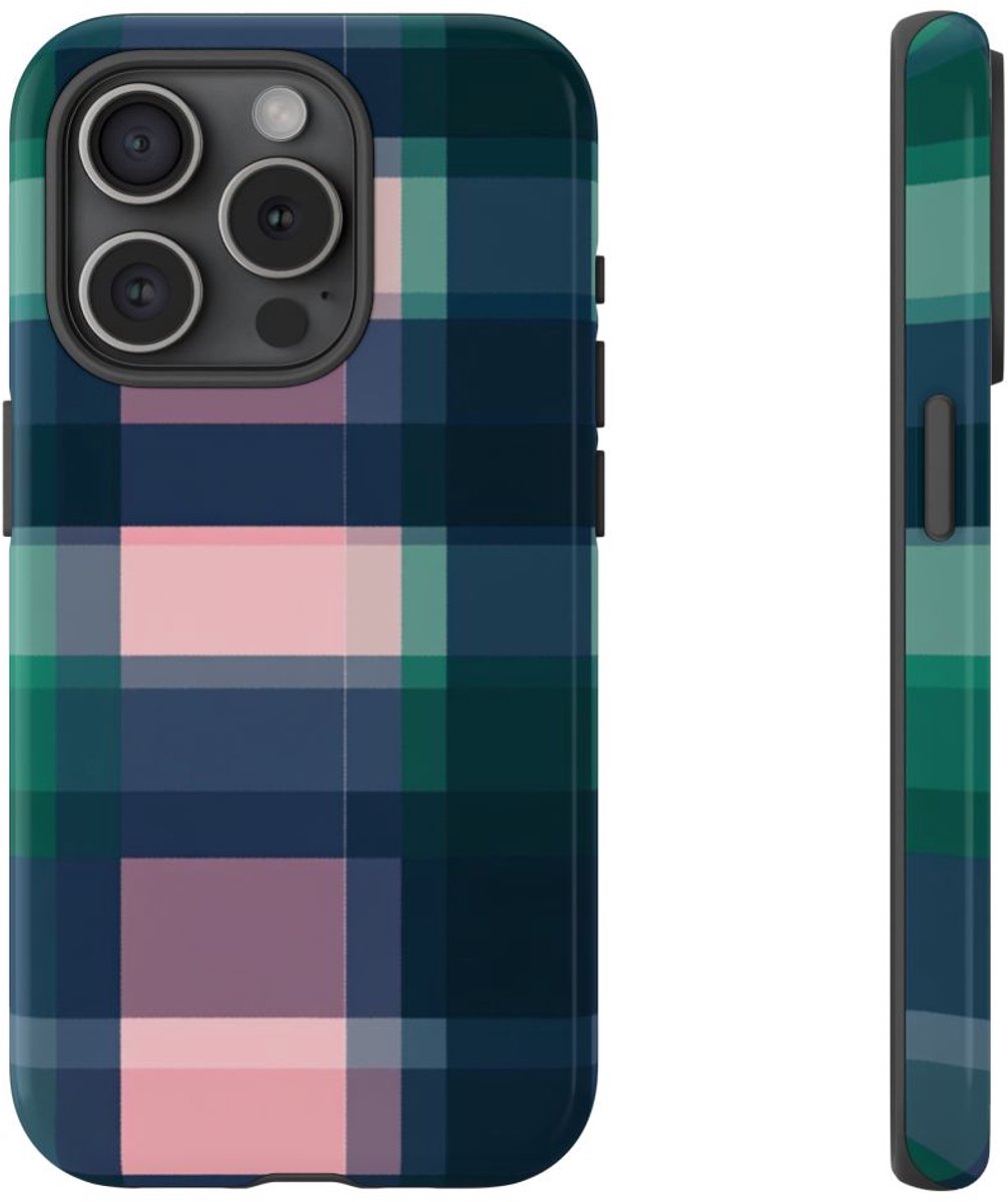 Smaragdgroen en Roze Geruit Patroon – Telefoonhoesje Geschikt voor iPhone 15 Pro