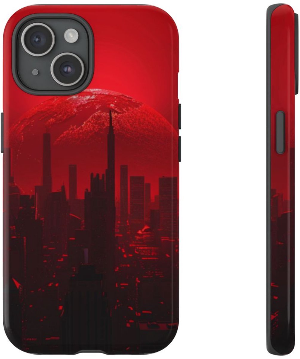 Futuristisch Stadsgezicht met Rode Planeet – Telefoonhoesje Geschikt voor iPhone 15