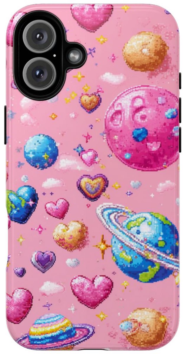 Pixel Art Harten en Planeten Patroon – Telefoonhoesje Geschikt voor iPhone 16 Plus