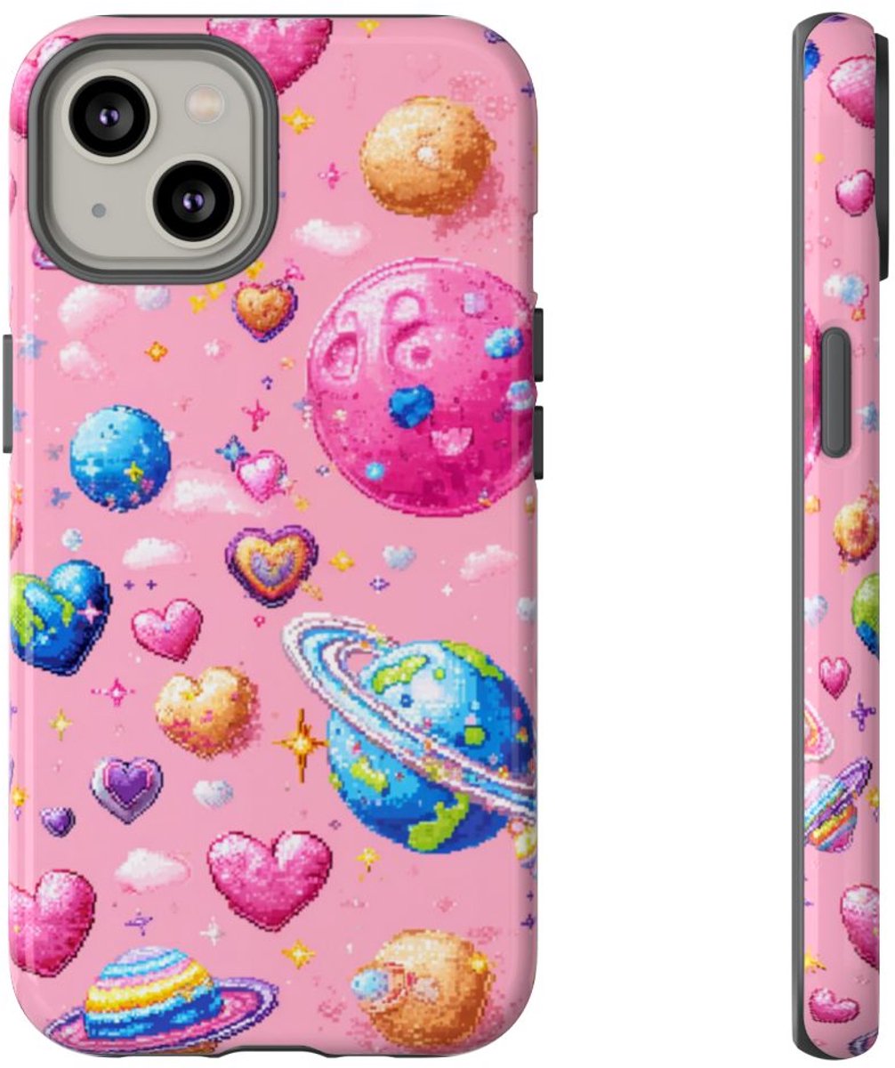 Pixel Art Harten en Planeten Patroon – Telefoonhoesje Geschikt voor iPhone 14