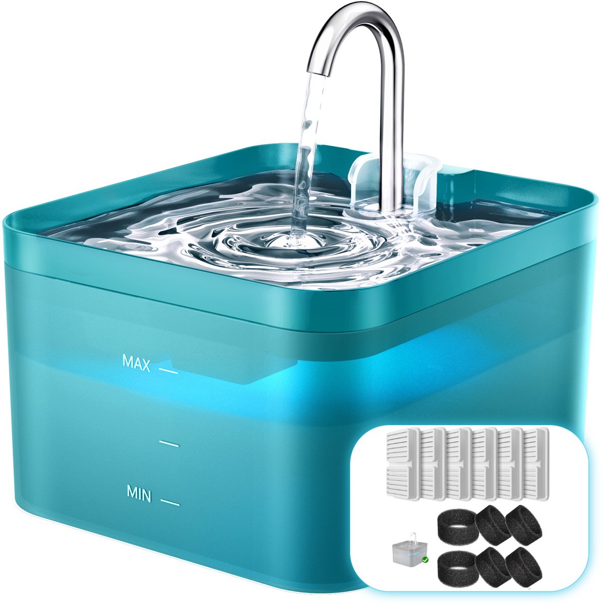 PAWPOLL Drinkfontein - Waterfontein voor Hond en Kat - 2,2 L - Incl. 6 Filters en 6 Sponzen - Dieren Drinkbak - Groen