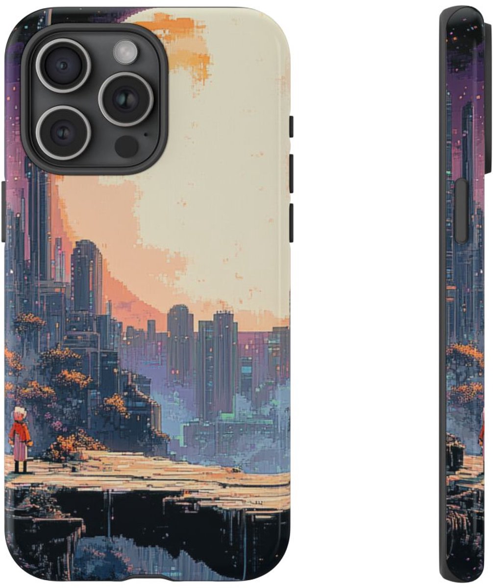 Pixel Art Stadsgezicht met Grote Maan – Telefoonhoesje Geschikt voor iPhone 15 Pro Max