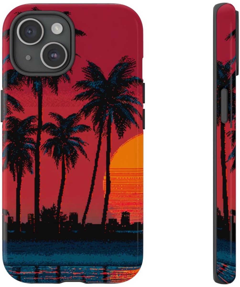 Zonsondergang met Palmbomen Silhouet – Telefoonhoesje Geschikt voor iPhone 15