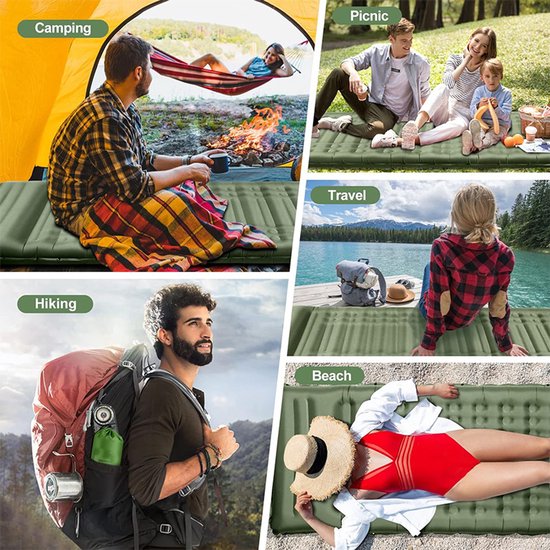 1 stuk kampeerslaapmat, zelfopblazend, 12 cm dik opblaasbaar matras, klein pakformaat, waterdicht luchtbed voor buiten met voetpomp en kussen, anti-ripstop slaapmat voor wandelen, donkergroen,195*66*12cm van Merkloos — afbeelding 4