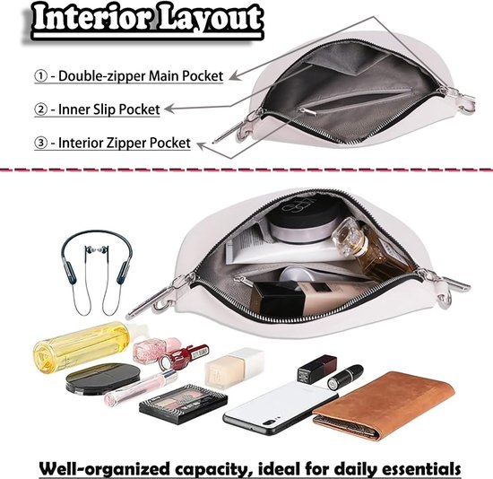 Rainbecom - Sac bandoulière femme en Cuir - 3 compartiments - Double fermeture éclair - Sac à bandoulière élégant avec bandoulière réglable et amovible - Beige - Léger et tendance - 23 x 15 x 8 cm