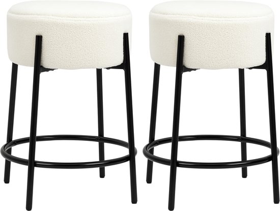 HOMCOM Barkruk met voetensteun, hoogte 62 cm, staal en coating in wollook, industrieel design, wit en zwart, 2 stuks