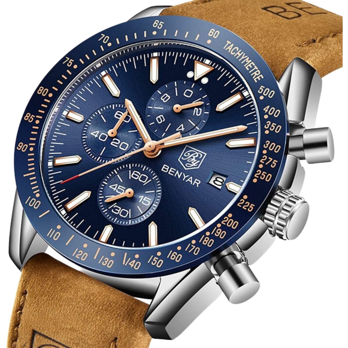 Manike BY 150 Chronograaf Herenhorloge - Klassiek Sportief - Quartz Uurwerk, Echt Lederen Band, 3 ATM Spatwaterdicht, Analoge Tijd Datumaanduiding
