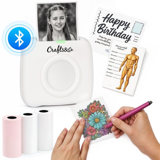 Mini Printer de poche Crafts&Co® - Incl. 3 rouleaux - Imprimez des photos, des étiquettes, des Autocollants et des cadres sans encre en Zwart et Wit - Mini Printer thermique avec application - Bluetooth - Sans fil - Scrapbooking et projets de loisirs