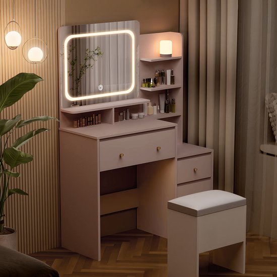 Make-Uptafel Met 5 Laden (İncl. 2 Onderdelen), Kaptafel Met Spiegel En