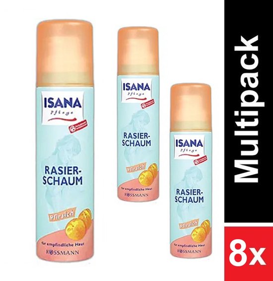 Crème à raser Isana Pêche – Peaux sensibles – 150 ml – Pack économique de 8 bombes