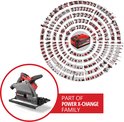 Einhell invalzaag als deel van de Power X-Change familie, met een cirkelvormige weergave van andere gereedschappen.