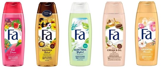 Cinq gels douche Fa: rose 'Fiji Dream' à la pastèque, brun 'Kahuna Ritual' aux fleurs, vert pâle 'Aloe Vera Yoghurt', rose pâle 'Cream & Oil' à la noix de coco et jaune 'Oriental Moments'.