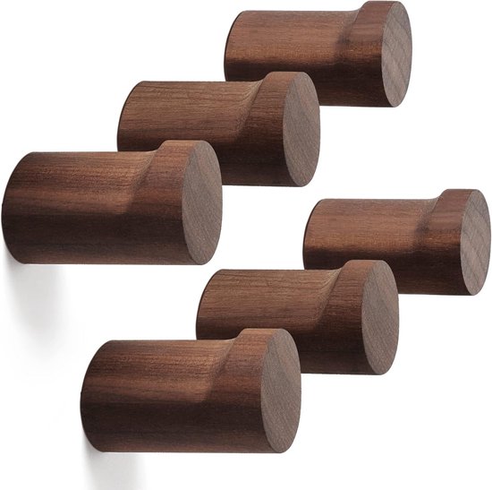 Zes bruine, cilindrische houten wandhaken met een subtiel uitsteeksel.