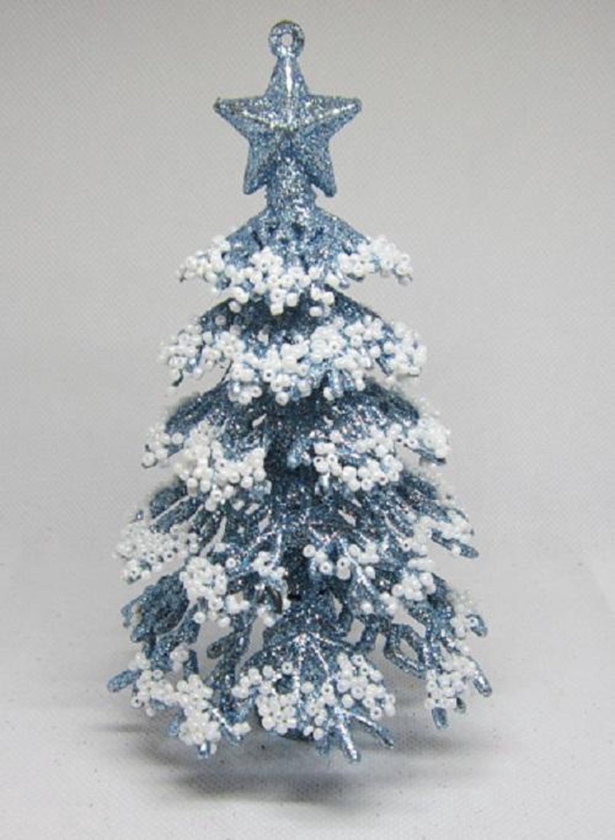 ZoeZo Design - 4 stuks - kerst - kersthanger - kerstboompje - blauw glitter - witte kraaltjes - sneeuw - 16 x Ø 9 cm