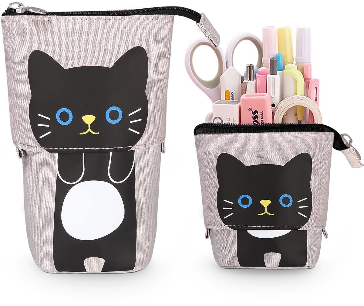 Xespis etui met rits, telescopisch etui, 2-in-1 staand etui, etui voor meisjes, shaker etui voor tieners, voor jongens en meisjes, cadeaus voor 7, 8, 9, 10, 11 en 12 jaar (zwarte kat)