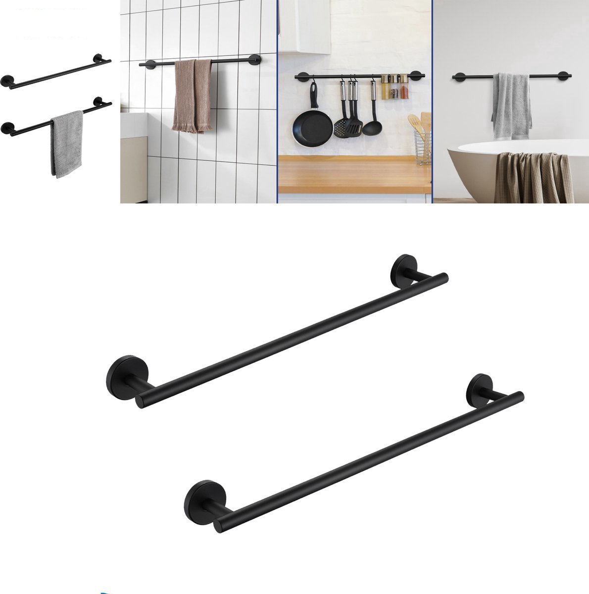 CECIPA max 2PCS Handdoekrek Zwart - Handdoekrek badkamer - Wandmontage Handdoekhouder - Zelfklevend / Zonder Boren - Handdoekstang - Zwart