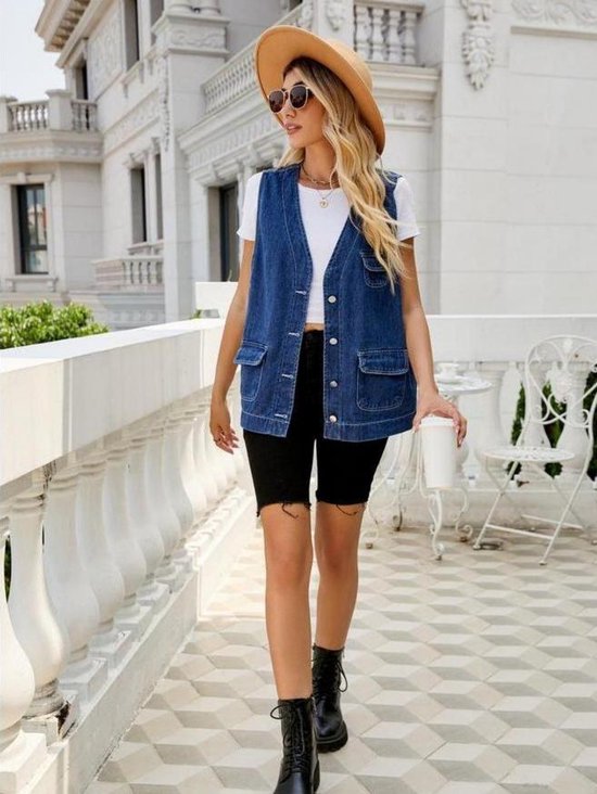Mouwloos jeansjack voor dames, vintage destroyed jeansvest, denim vest, gilet oversized, lichtblauw, L