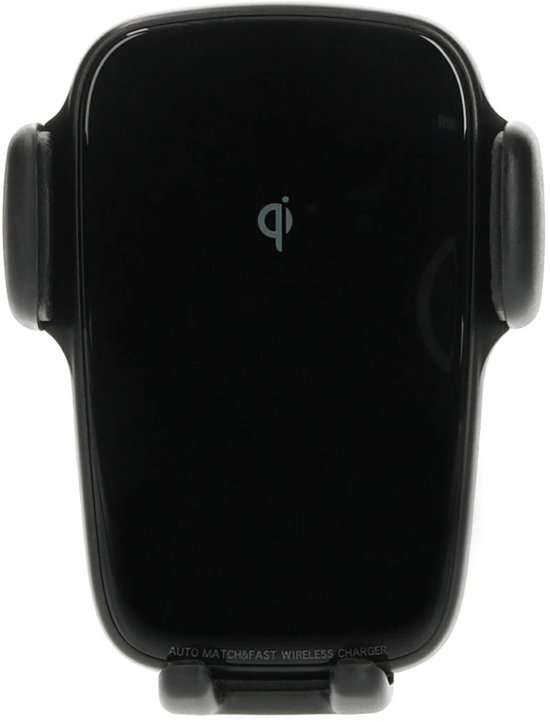 Zwarte draadloze Qi snellader telefoonhouder, met 'QI' logo.