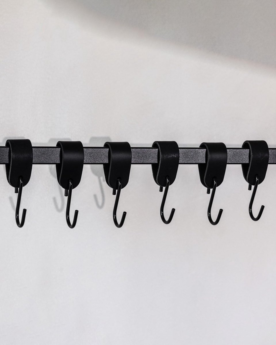 Metallbude kapstokhaak S-HOOK - Set van 6 in zwart - Modern design - Kapstokhaak van hoogwaardig leren lus & staal - 10 cm