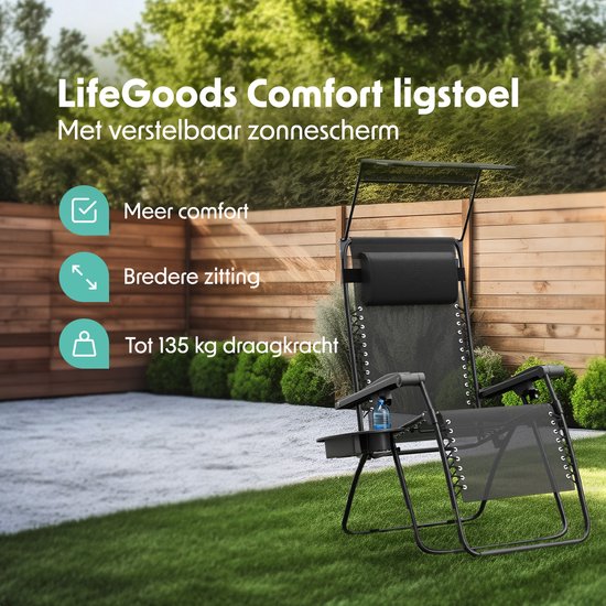 LifeGoods Opvouwbare Tuinstoel - Verstelbaar Zonnescherm - Ligstoel Tuin - 30°-90° Verstelbaar - Metaal - Zwart van Merkloos — afbeelding 2