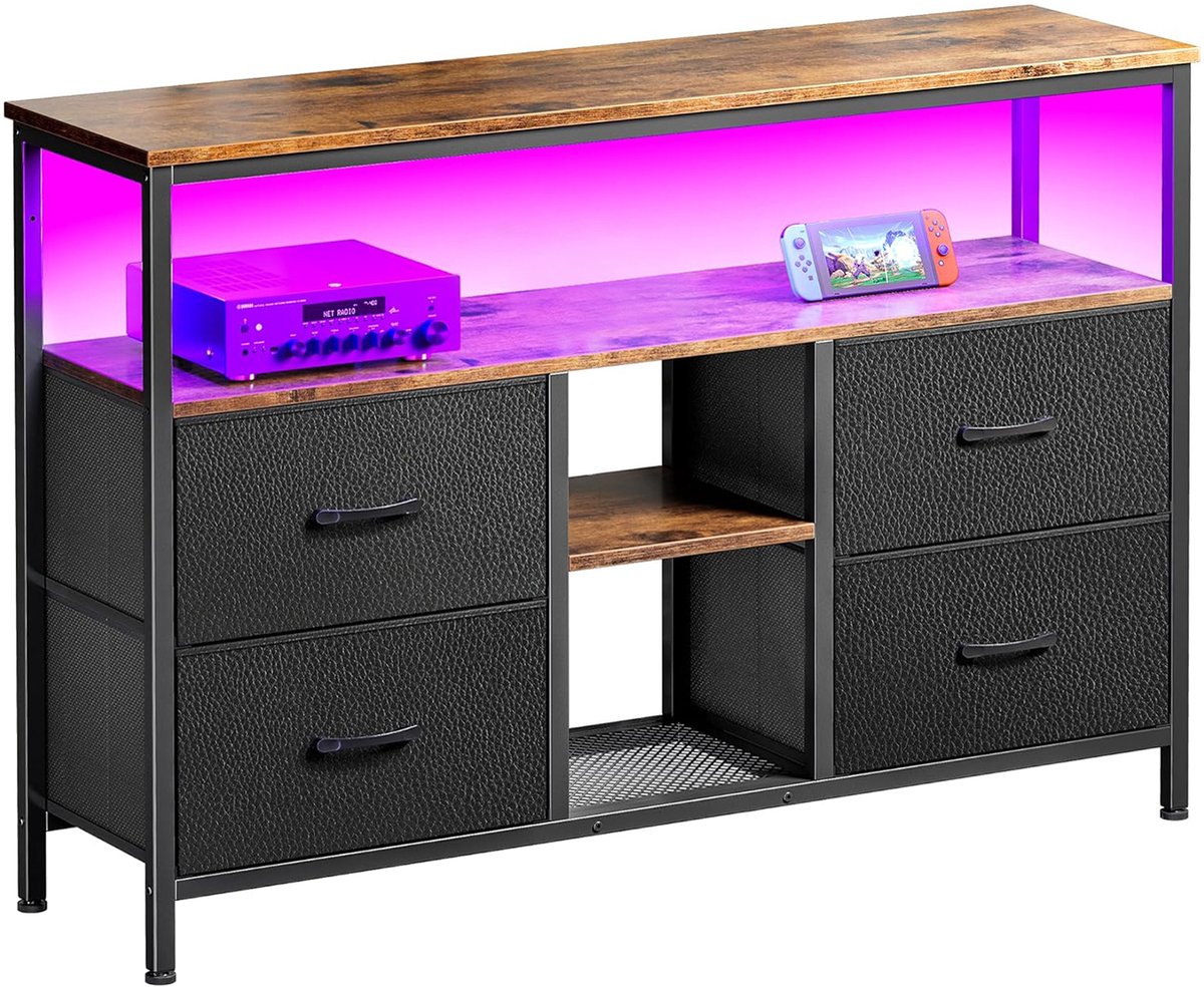 LED TV-standaard met 4 laden, Kleine TV-kast met opbergruimte, TV-bankje, Tv meubel, Stoffen ladekast voor de woonkamer Slaapkamer Hal Rustiek, 137x30x77cm, Zwart