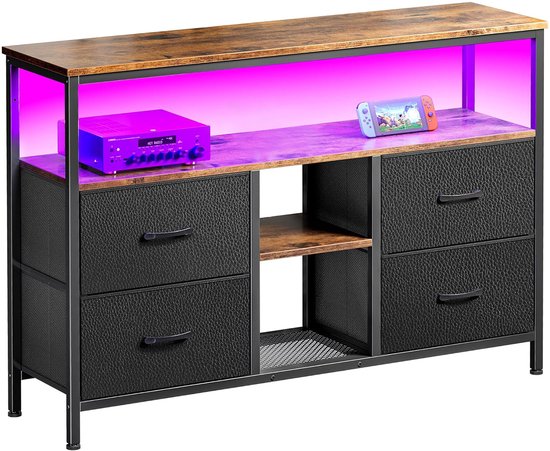 LED TV-standaard met 4 laden, Kleine TV-kast met opbergruimte, TV-bankje, Tv meubel, Stoffen ladekast voor de woonkamer Slaapkamer Hal Rustiek, 137x30x77cm, Zwart