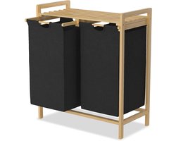 Aufun Wasmand - 2 compartimenten - van bamboe - met plank - uitneembare waszakken - wasscheider - voor slaapkamer en wasruimte - zwart