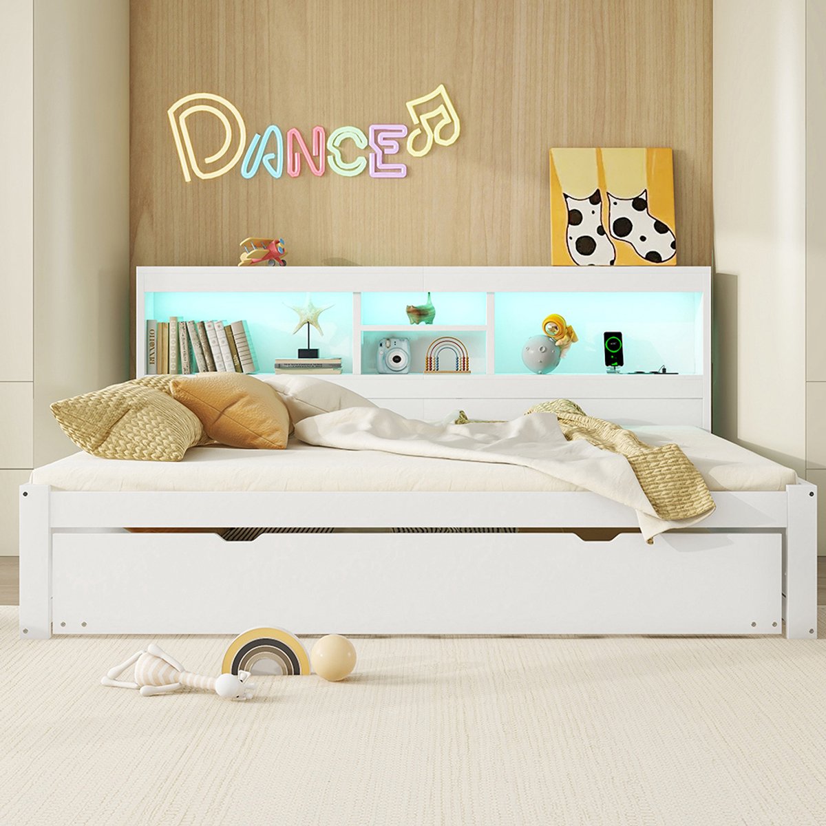 KOMHTOM Volwassen bed Gecombineerd bed Nestbed 140x200 cm afstandsbedienbare sfeerverlichting opbergruimte aan de zijkant stopcontact + USB wit