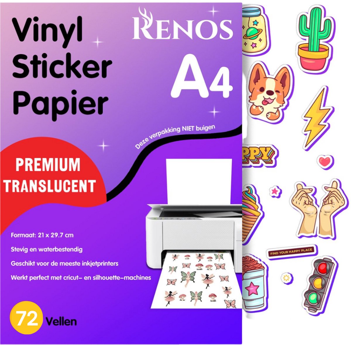 72 Translucent Vinyl Stickervellen A4 – Waterbestendig Stickerpapier voor Inkjet & Laser Printer - Geschikt voor Snijmachines