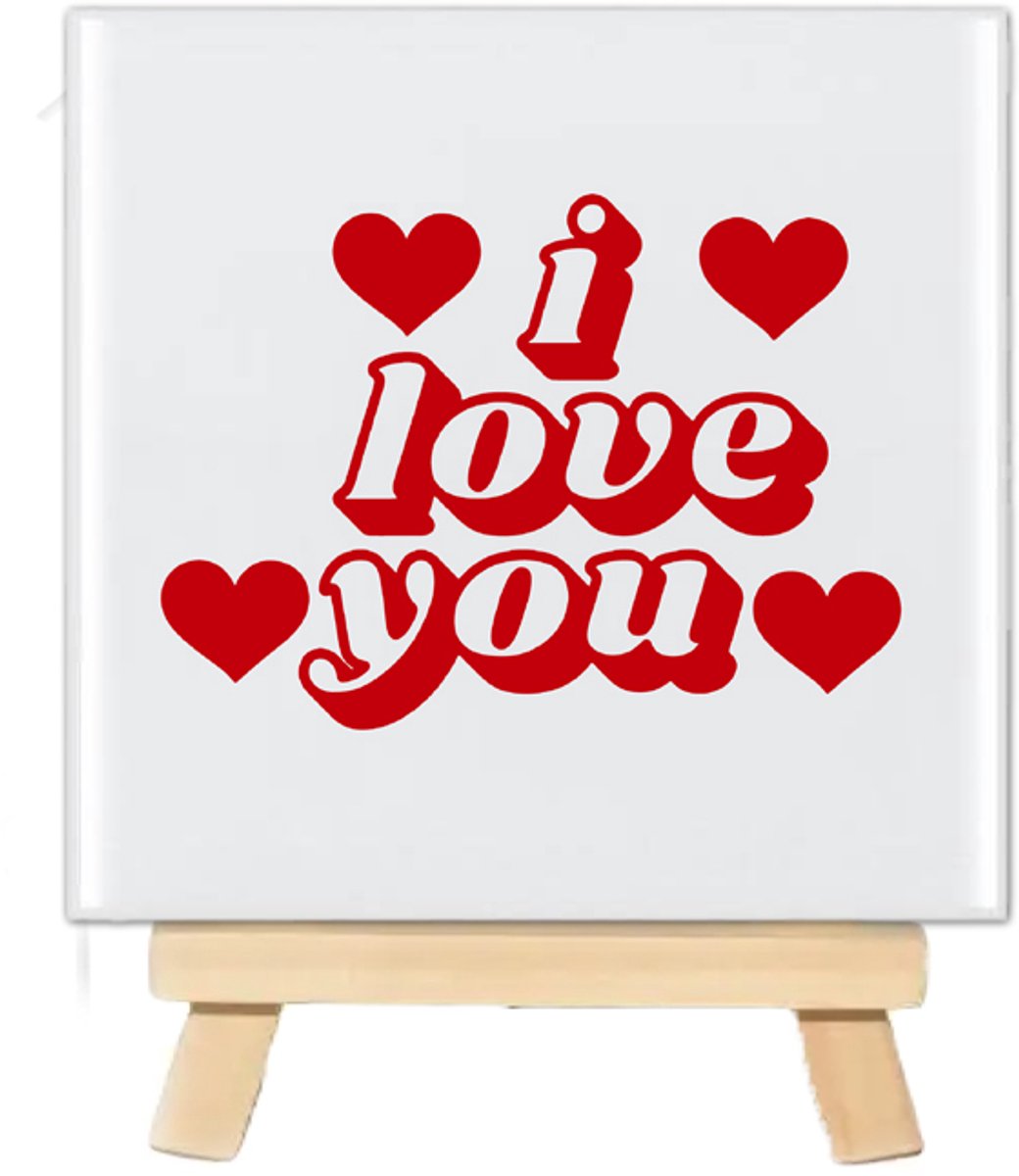 LucKim.nl Tegeltje met tekst - I Love You - 10x10cm - inclusief houten standaard wit