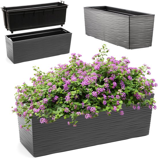 Jardinière en plastique KADAX, 18,5 x 56 cm, jardinière avec insert, jardinière de balcon résistante aux intempéries, jardinière rectangulaire, pot de fleurs d'extérieur, motif sculpté, graphite