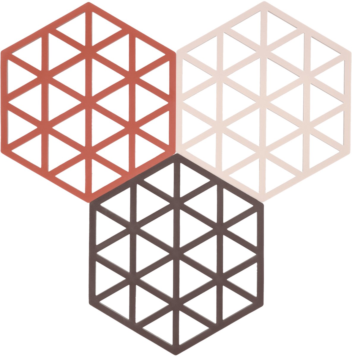 Zone Denmark Pannenonderzetter Triangles Set – Onderzetters Pannen – Hittebestendig tot 250°C – Vaatwasserbestendig – Siliconen – 16 x 14 x 0,9 cm – Burned Red/Rose/Kalamata – 3 stuks