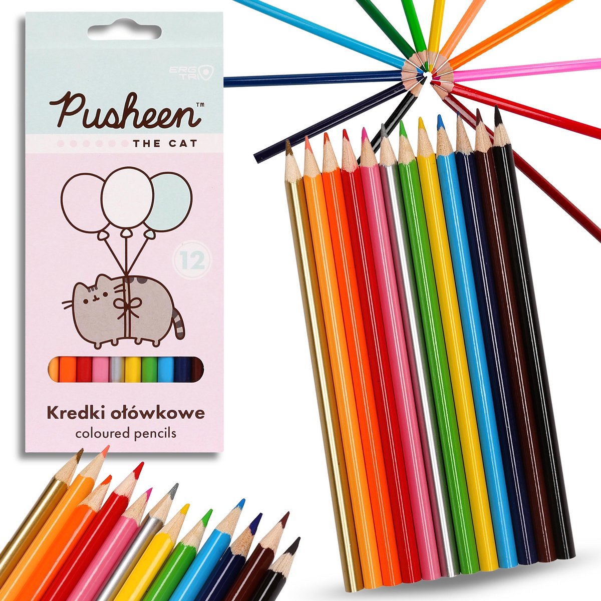 Pusheen Kleurpotloden voor kinderen, Houten driehoekige schoolpotloden SET 12 kleuren
