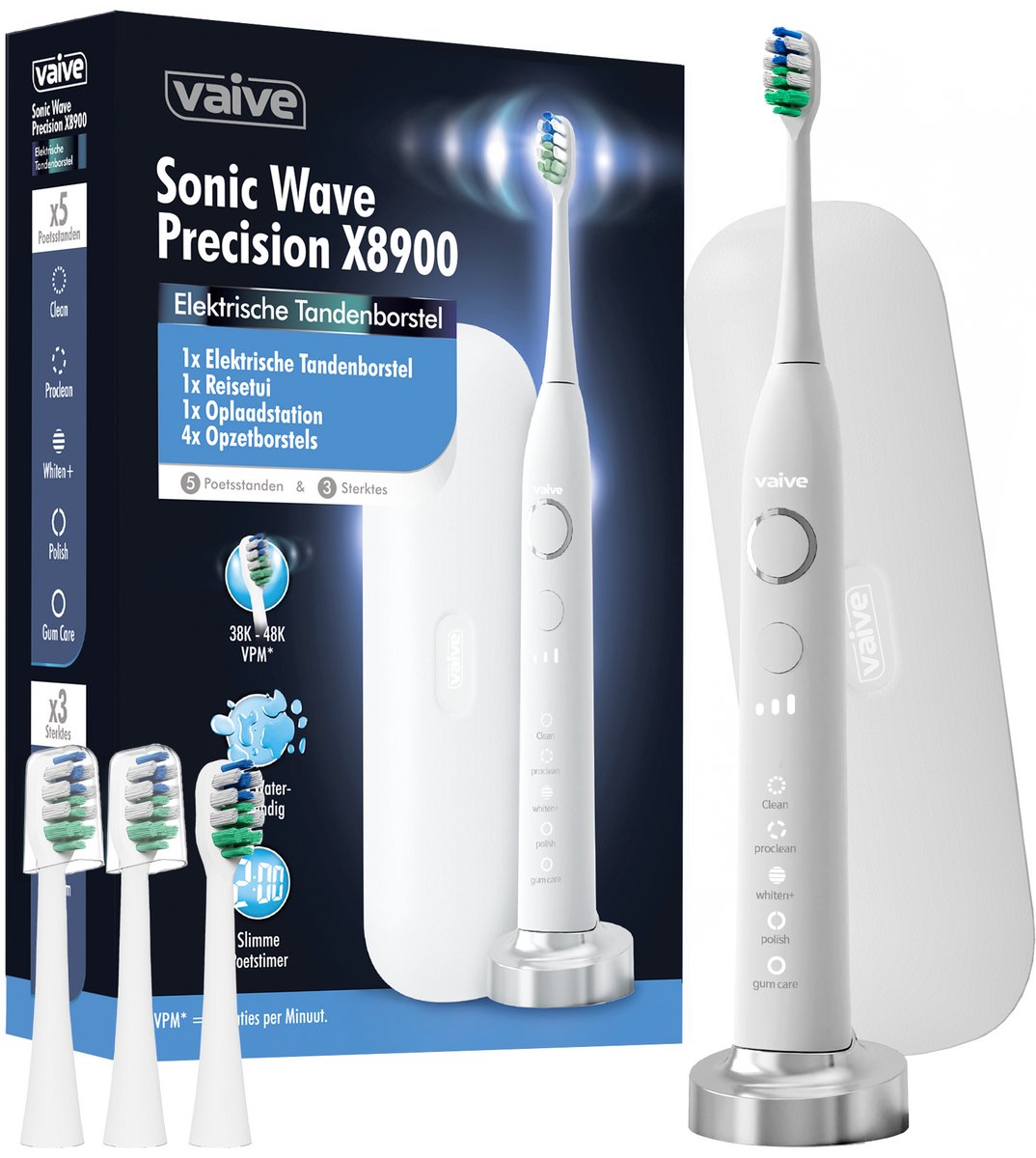 Vaive Sonic Wave Precision X8900 Elektrische Tandenborstel - 48000 VPM - 5 Standen, 3 Niveaus - 4 Borstelkoppen & Reisetui - Wit