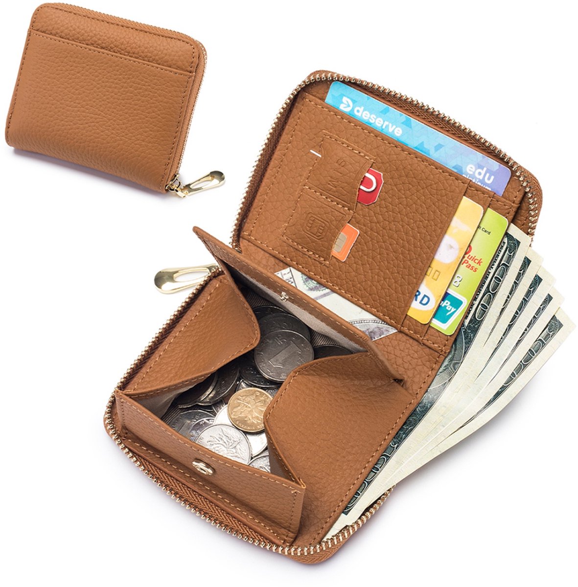 RFID Leren Portemonnee – Compacte Rits Kaarthouder, Munt- en Geldvak voor Heren en Dames - Bruin