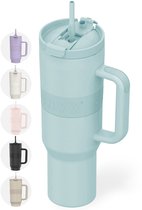 ONYX Drinkfles met Rietje 1.2 Liter - Waterfles voor Kinderen & Volwassenen - Thermosbeker RVS Travel Mug - Motiverende Drinkbus - Drinkbeker voor School - Pastel Blue