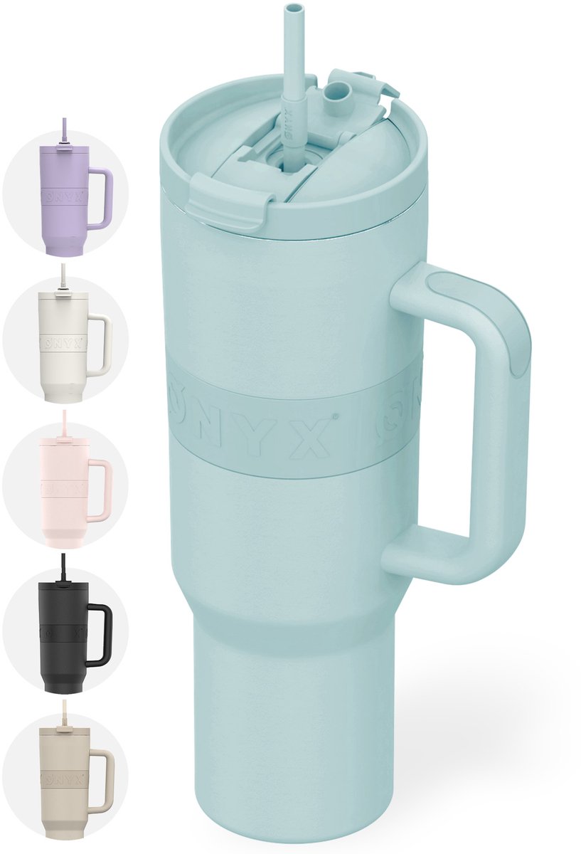 ONYX Drinkfles met Rietje 1.2 Liter - Waterfles voor Kinderen & Volwassenen - Thermosbeker RVS Travel Mug - Motiverende Drinkbus - Drinkbeker voor School - Pastel Blue