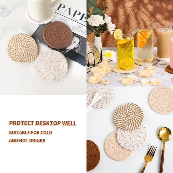 Set de 8 Sous-verres ronds avec support - Isolation thermique - Sous-verres antidérapants en coton tressé pour Verres - Sous-verres de verre avec support - Pour boissons, bar, tasses, dessous de verre de table - Ø 11 cm - Jaune