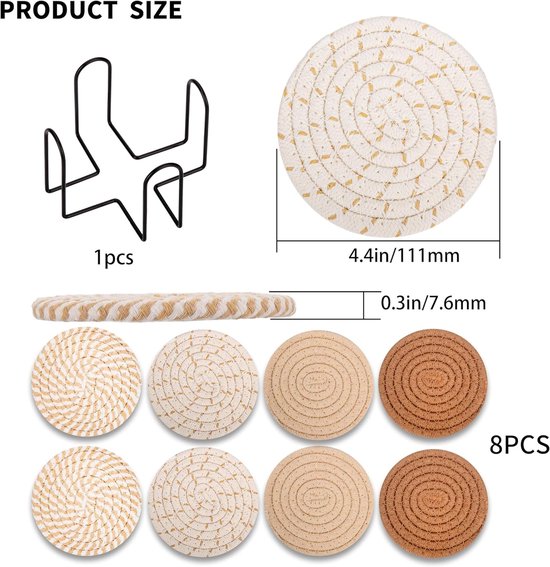 Set de 8 Sous-verres ronds avec support - Isolation thermique - Sous-verres antidérapants en coton tressé pour Verres - Sous-verres de verre avec support - Pour boissons, bar, tasses, dessous de verre de table - Ø 11 cm - Jaune
