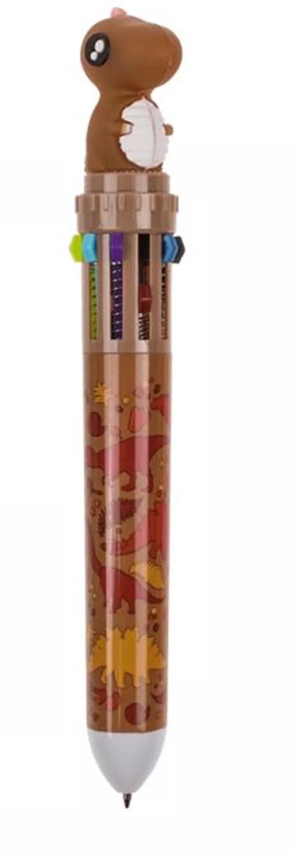 Bruine dino pen met 10 kleuren – dinosaurus balpen – multicolor – Bruin- kinderen