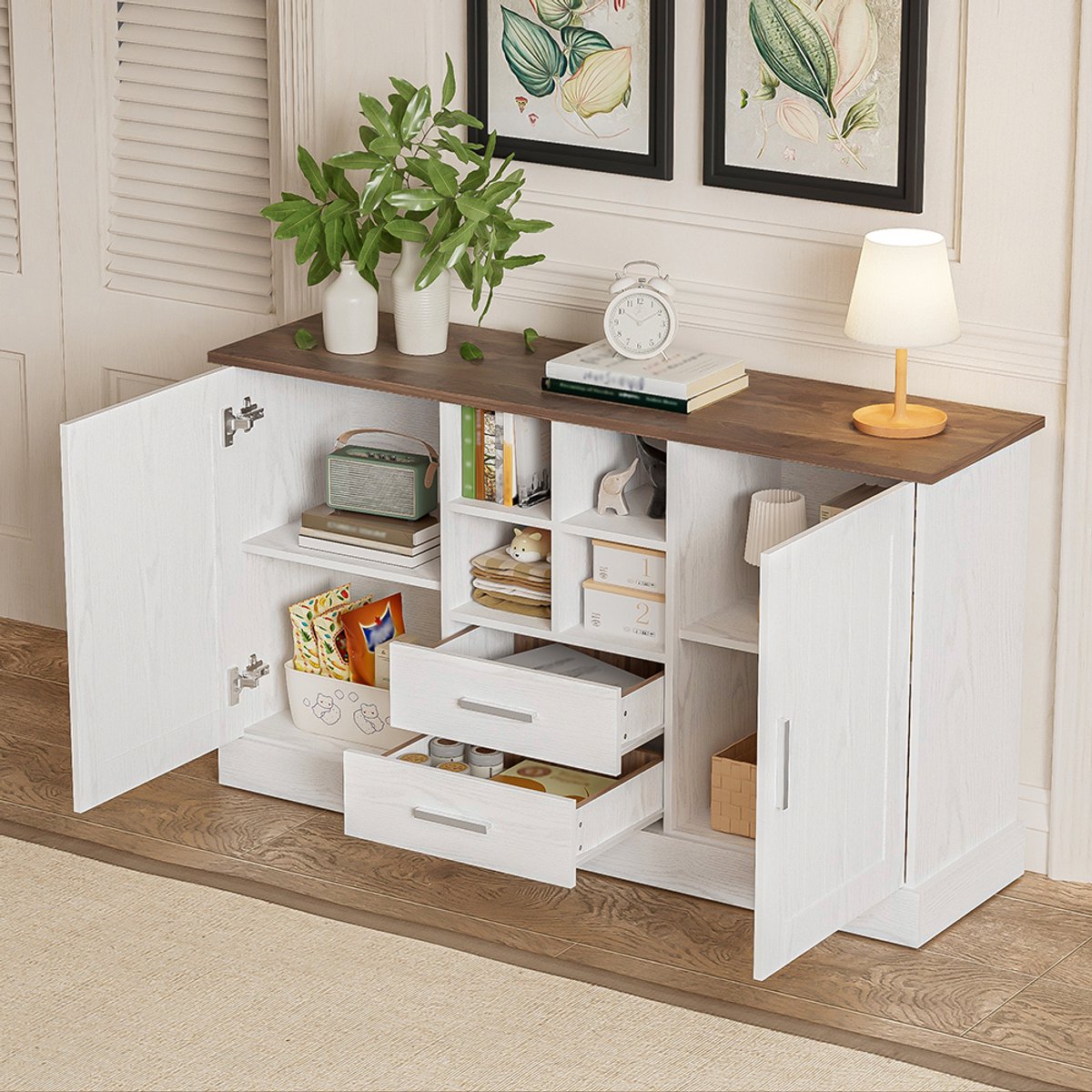 KOMHTOM Buffet met 2 deuren 2 lades 140x40x79.5 cm houtnerf wit en bruin modern Wit