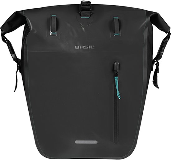 Sacoche de vélo Basil noire avec fermeture enroulable, bande réfléchissante et poche zippée.
