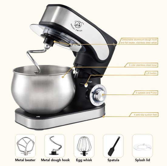Royal Swiss -Keukenmachine - Keukenrobot 5L Keukenrobot -6snelheden en plus - krachtige motor 1300w van Royal Swiss — afbeelding 5