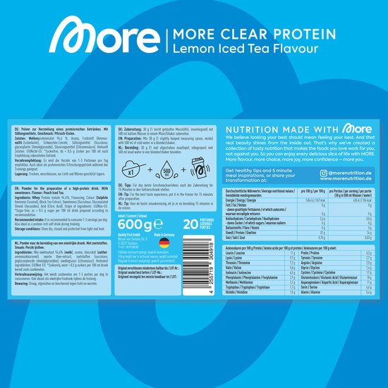 MORE NUTRITION Clear Whey Isolate Proteine Poeder, Peach Iced Tea, 600 g, 20 Porties Heldere Wei Poeder - Lactosevrij Eiwitshake van Merkloos — afbeelding 3