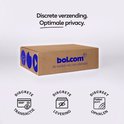 Bruine kartonnen verpakking met bol.com logo en tekst 'Discrete verzending. Optimale privacy.'